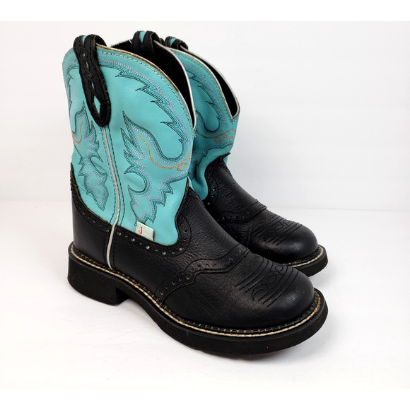 Justin Gypsy Womens Size 7 B Teal Black Leather Pull On Western Cowboy Boots - Picture 1 of 14